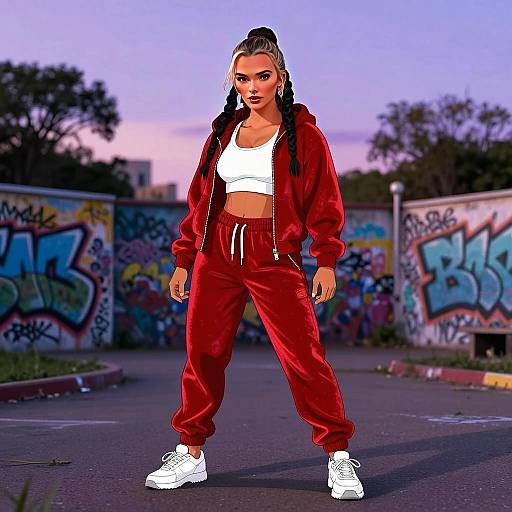 Modern Urban Streetwear Woman in Red Tracksuit Against Graffiti Wall