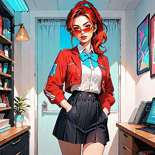 Stylish Young Woman in Red Jacket and Black Skirt in Modern Room Digital Art