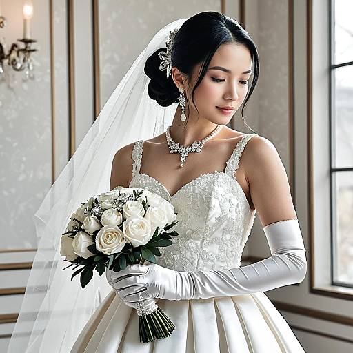 Elegant Bride in Classic Wedding Gown Holding White Rose Bouquet