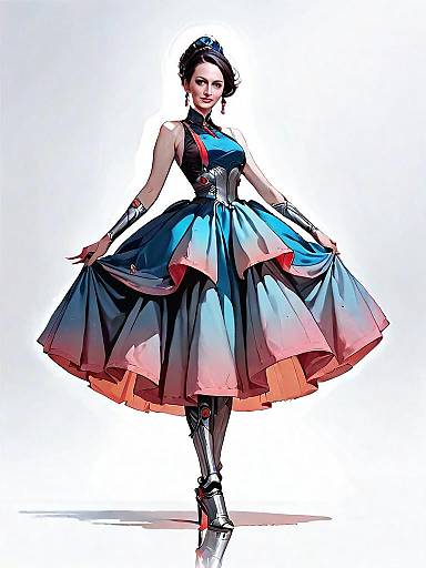 Futuristic Woman in Elegant Full-Body Evening Dress Comic Style