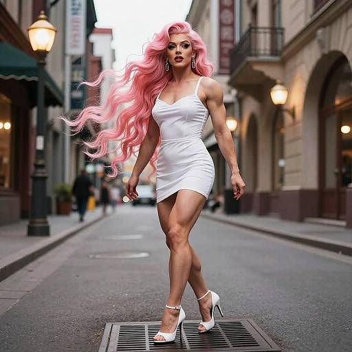 Stylish Woman with Pink Hair Wearing White Dress Walking on City Street