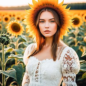 Young Woman in Sunflower Field with Crown