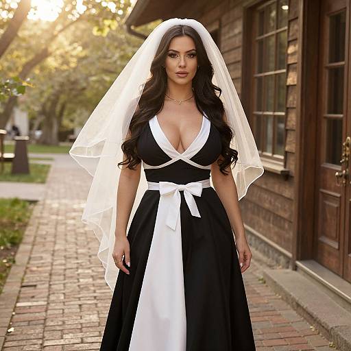 Elegant Black and White Bridal Dress with Veil Outdoors