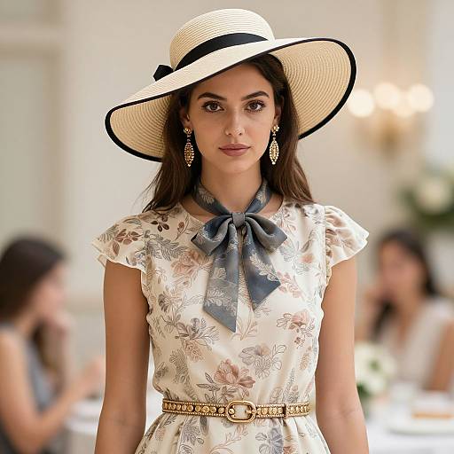 Elegant Woman in Vintage Floral Dress and Wide-Brimmed Hat