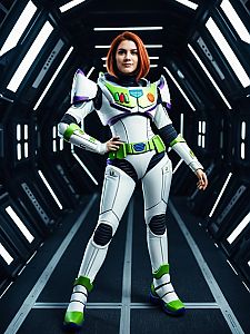 Woman in Buzz Lightyear Full Body Cosplay Costume in Futuristic Setting