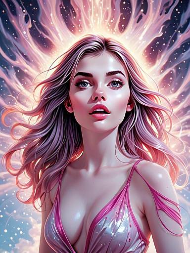 Digital Fantasy Portrait of Woman with Radiant Wings and Flowing Hair