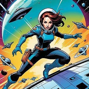 Woman Astronaut Leaping Over Spaceship