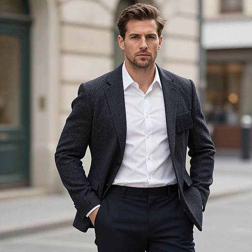 Confident Man in Dark Blazer and White Shirt Urban Fashion Portrait