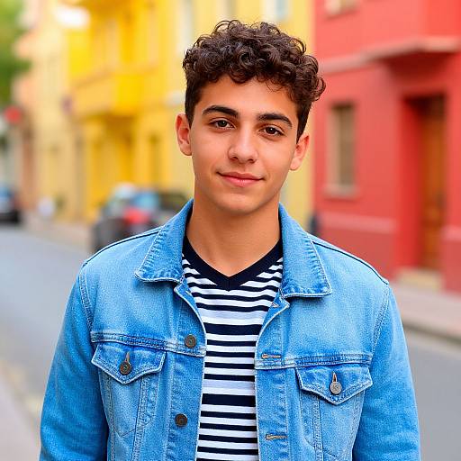 Young Man in Denim Jacket on Colorful Urban Street