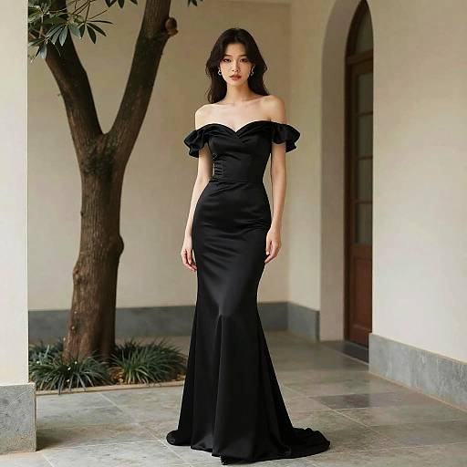 Elegant Woman in Black Off-Shoulder Mermaid Gown Standing in Hallway