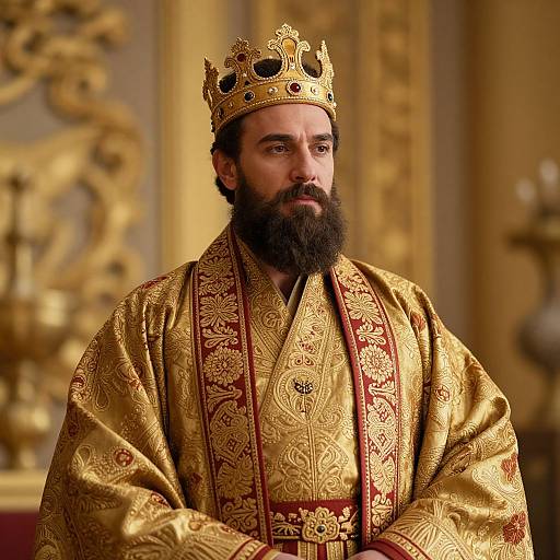 Regal Man Wearing Ornate Gold Crown and Embroidered Royal Robe