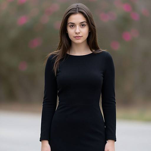 Young Woman in Black Dress Outdoor Portrait with Soft Floral Background