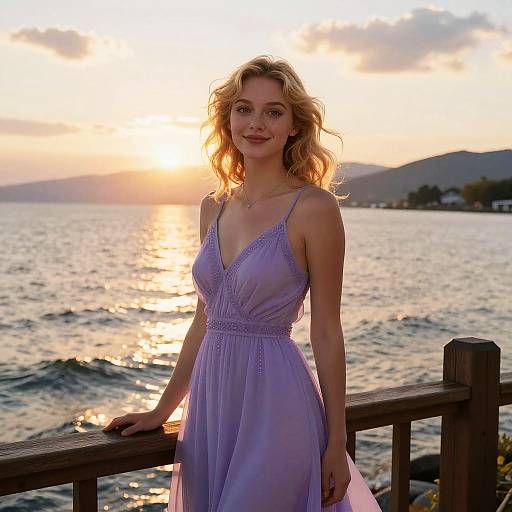 Young Woman in Lavender Dress by the Water at Sunset