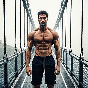 Muscular Man on Foggy Suspension Bridge