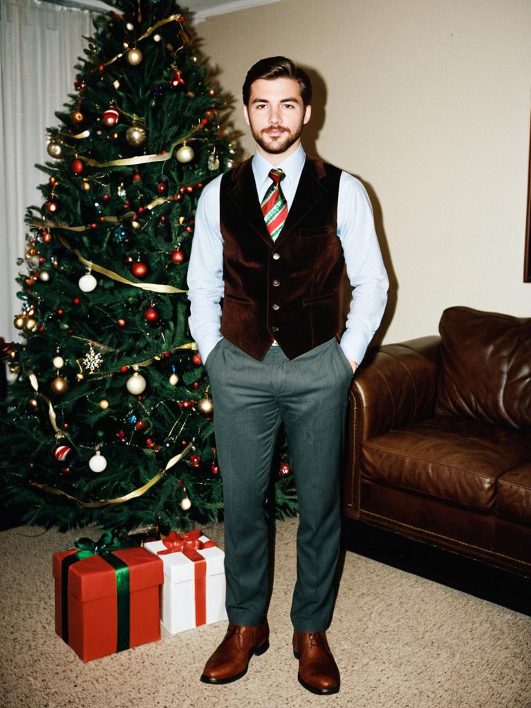 Christmas Party Attire for Men with Festive Neck Tie and Velvet Vest