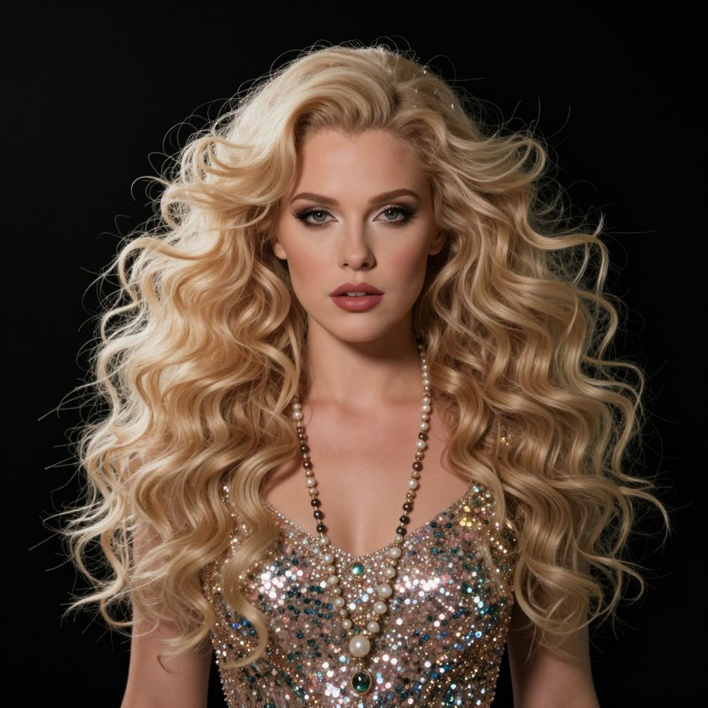 Glamorous Woman with Voluminous Blonde Curls in Sparkling Sequin Dress