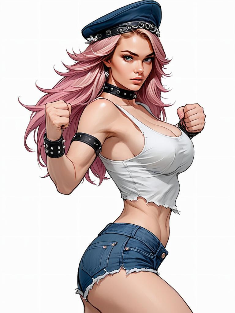 Edgy Pink-Haired Woman in White Crop Top and Denim Shorts Digital Illustration