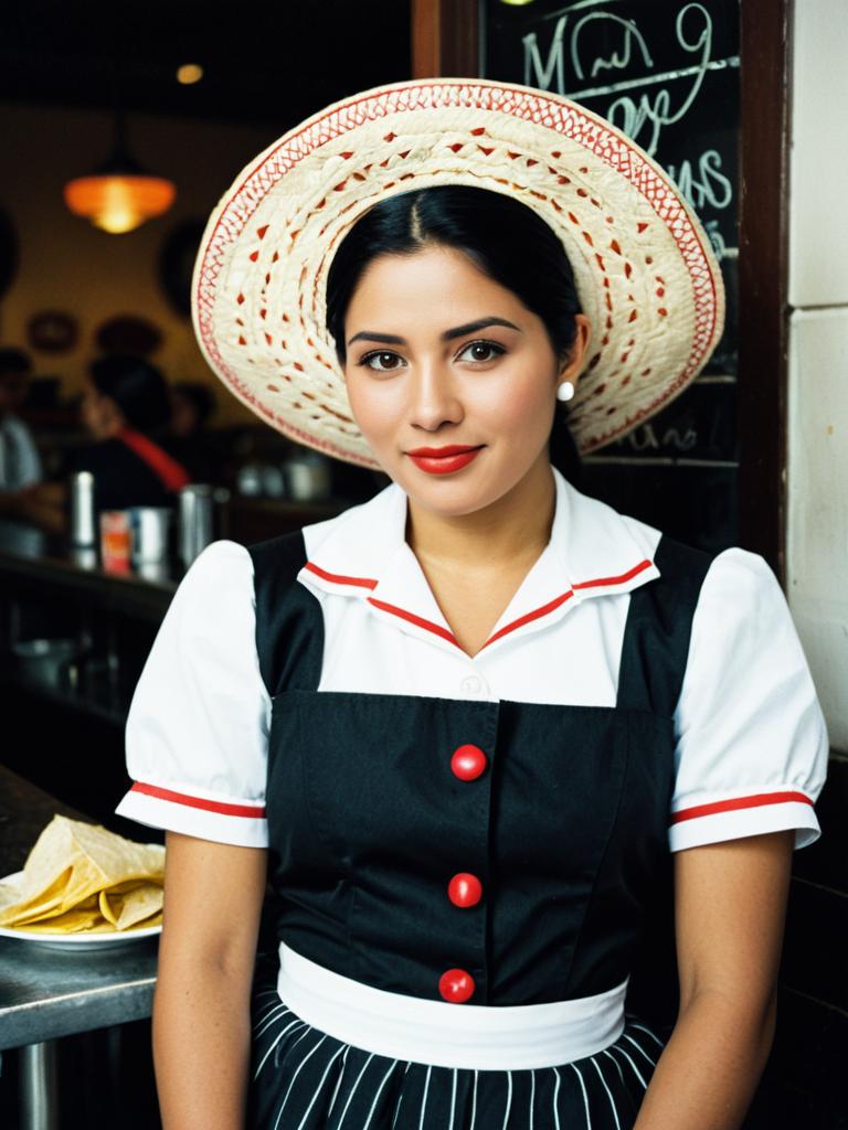 Mexican Waitress Costume Featuring Traditional Outfit and Straw Hat