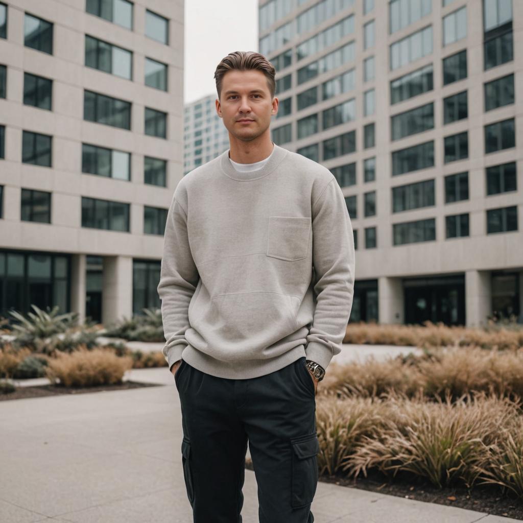 Confident Man Outdoors with Modern Buildings