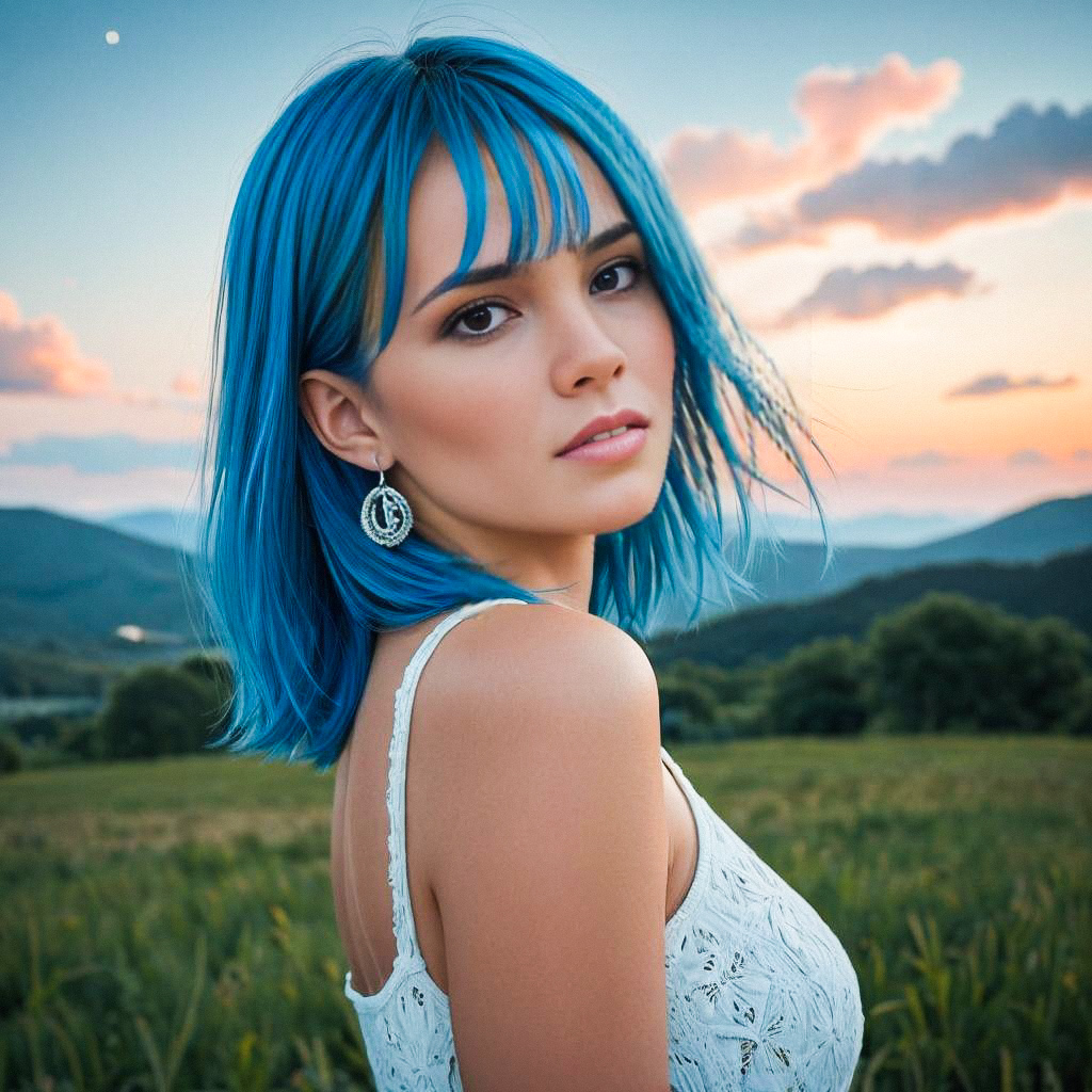 Young Woman with Blue Hair in Lace Dress at Sunset Young Woman with Blue Hair in Lace Dress at Sunset