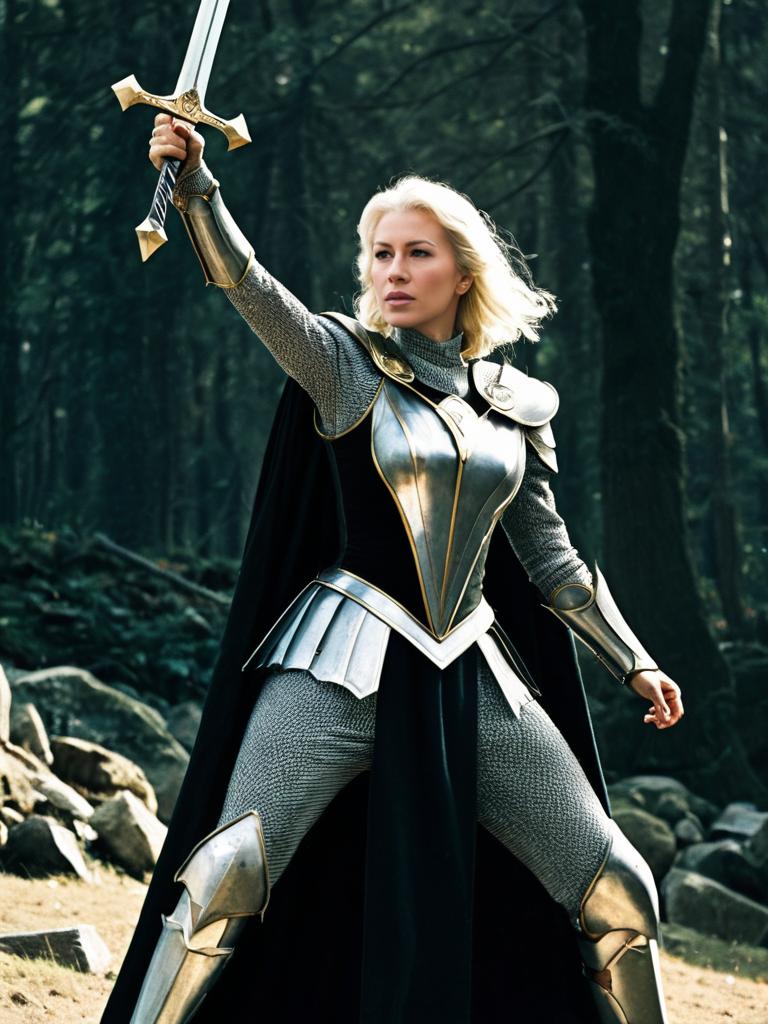 Excalibur Inspired Woman in Medieval Armor Holding Sword in Forest