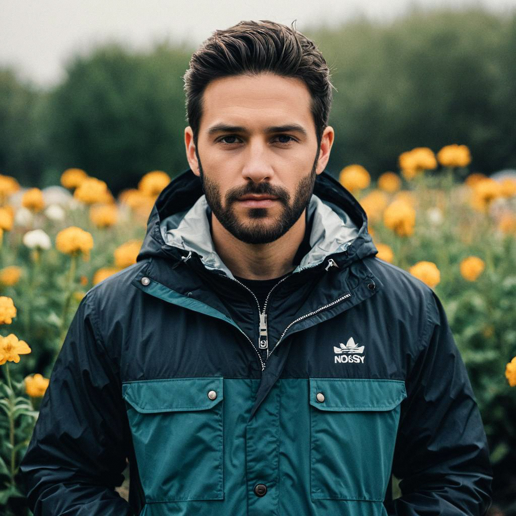 Man in Teal Windbreaker Surrounded by Yellow Flowers