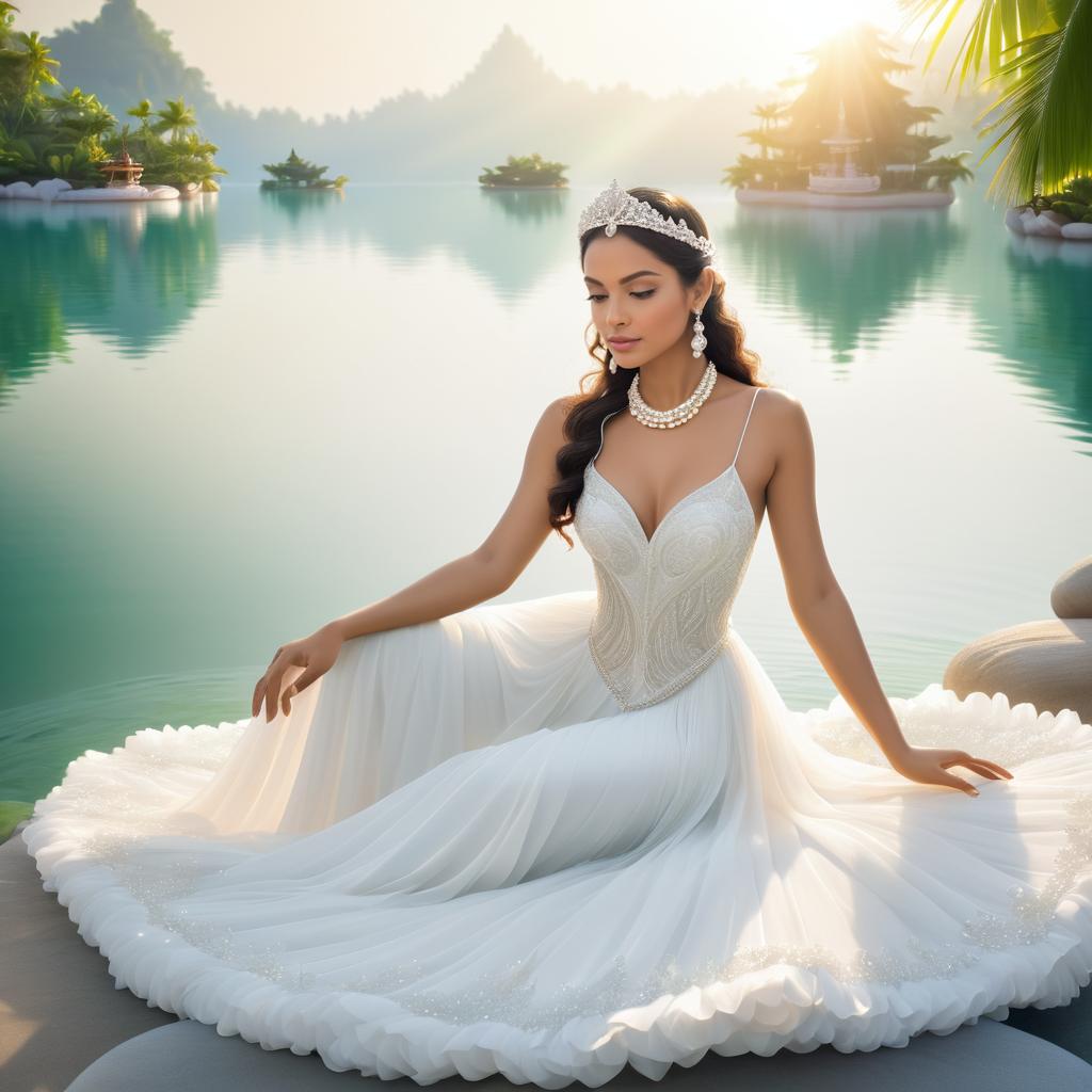 Elegant Woman in White Gown by Tranquil Lake