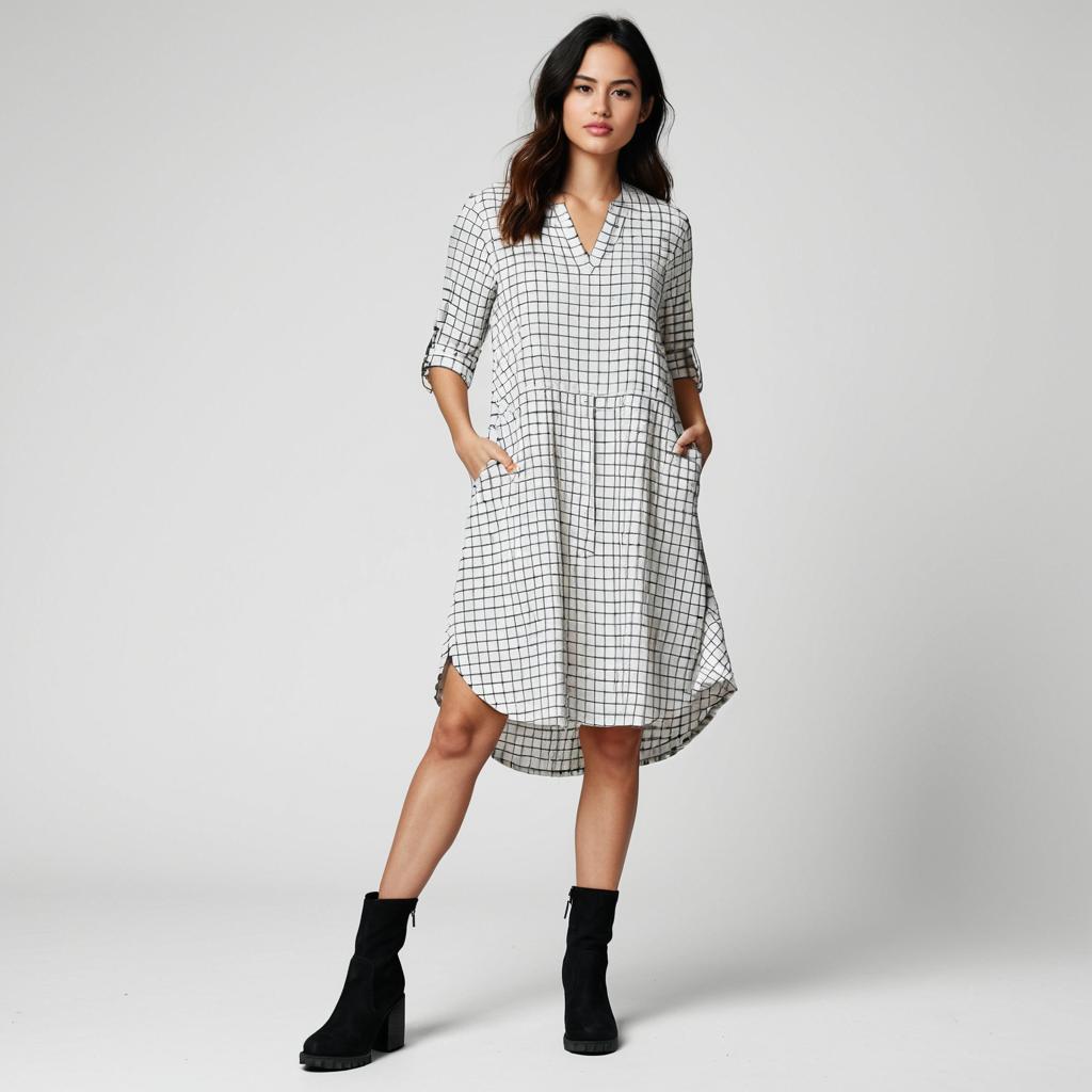 Stylish Woman in White Shirtdress with Black Grid Pattern