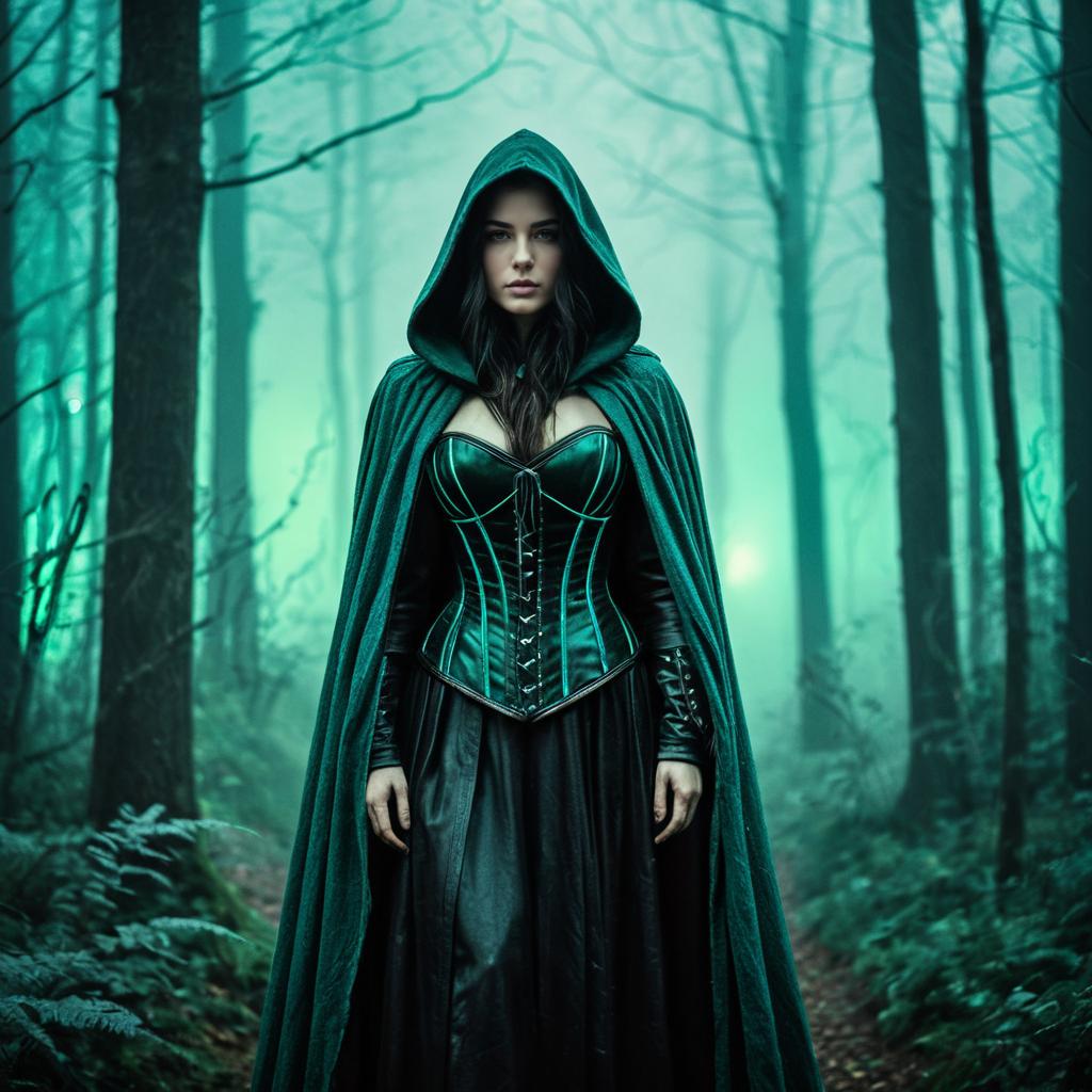Mysterious Woman in Green Hooded Cloak Standing in Foggy Forest
