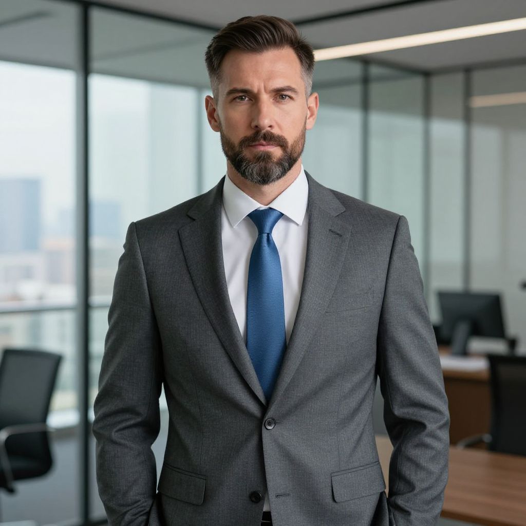 Professional Businessman in Grey Suit and Blue Tie in Modern Office