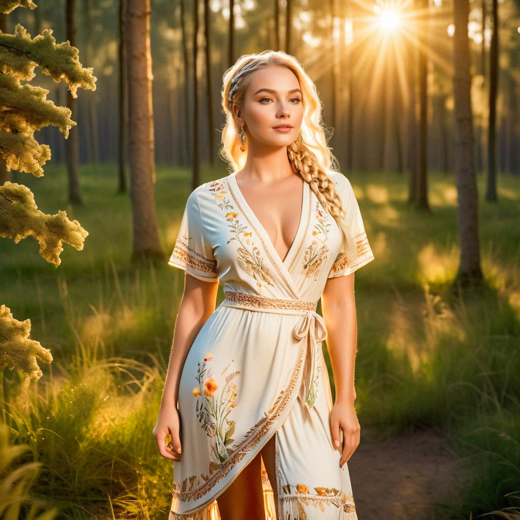 Elegant Woman in Sunlit Forest