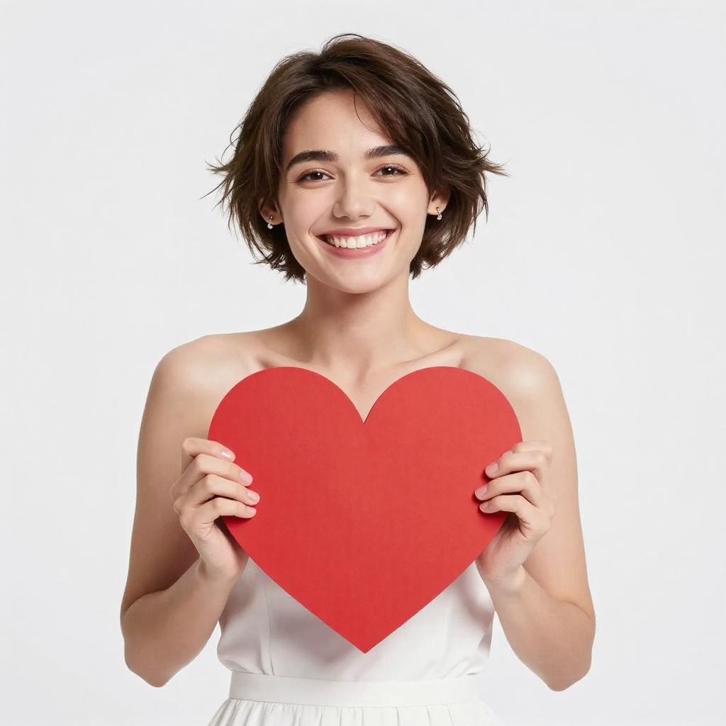 Happy Woman Holding Red Heart Paper Against White Background