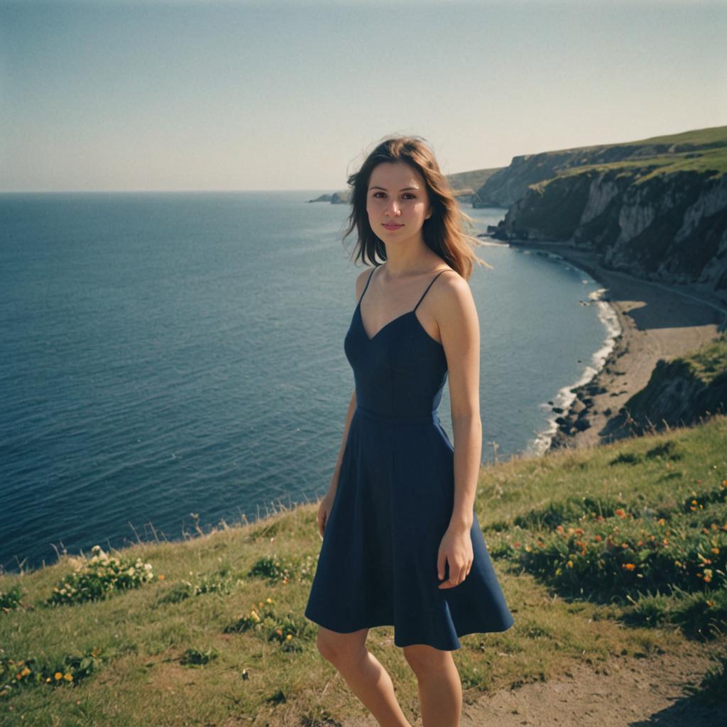 Woman in Blue Dress by Coastal Scenery