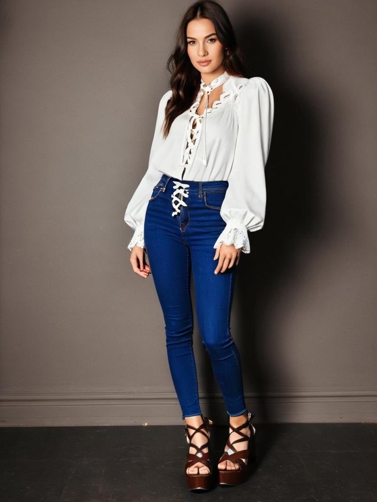 Woman in Casual Chic White Lace-Up Blouse with Bishop Sleeves and Blue Jeans