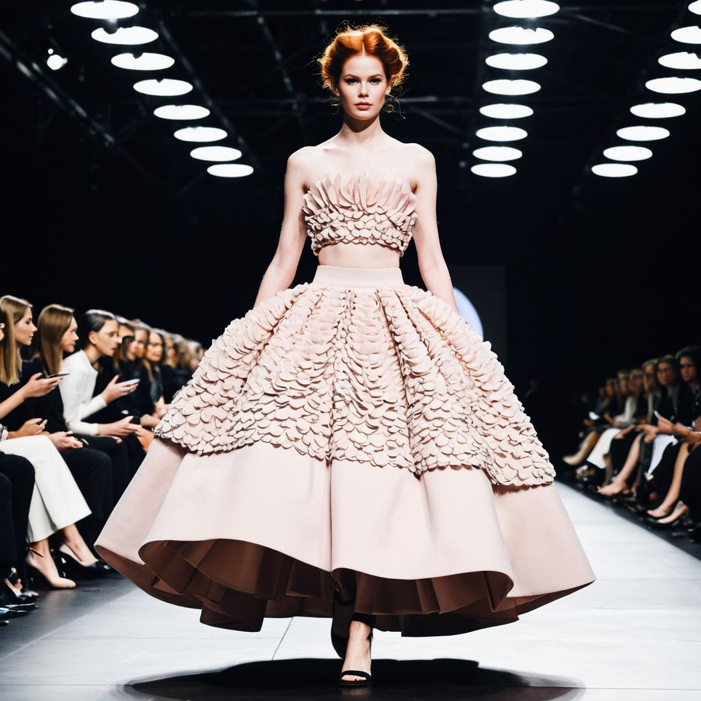 Red-Haired Woman in Blush Pink Embellished Two-Piece Dress on Fashion Runway
