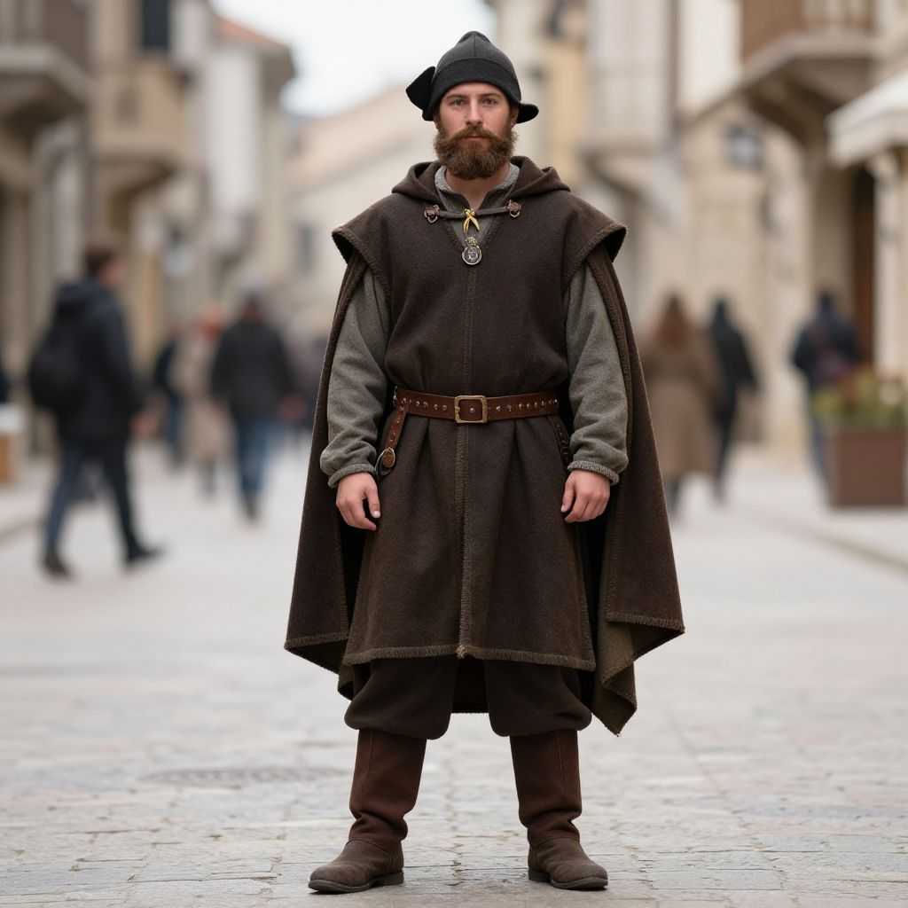 Medieval Man in Hooded Cloak Standing on Historic Street