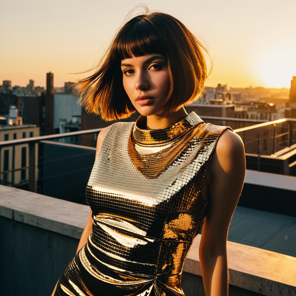 Woman in Metallic Gold Dress on Rooftop at Sunset