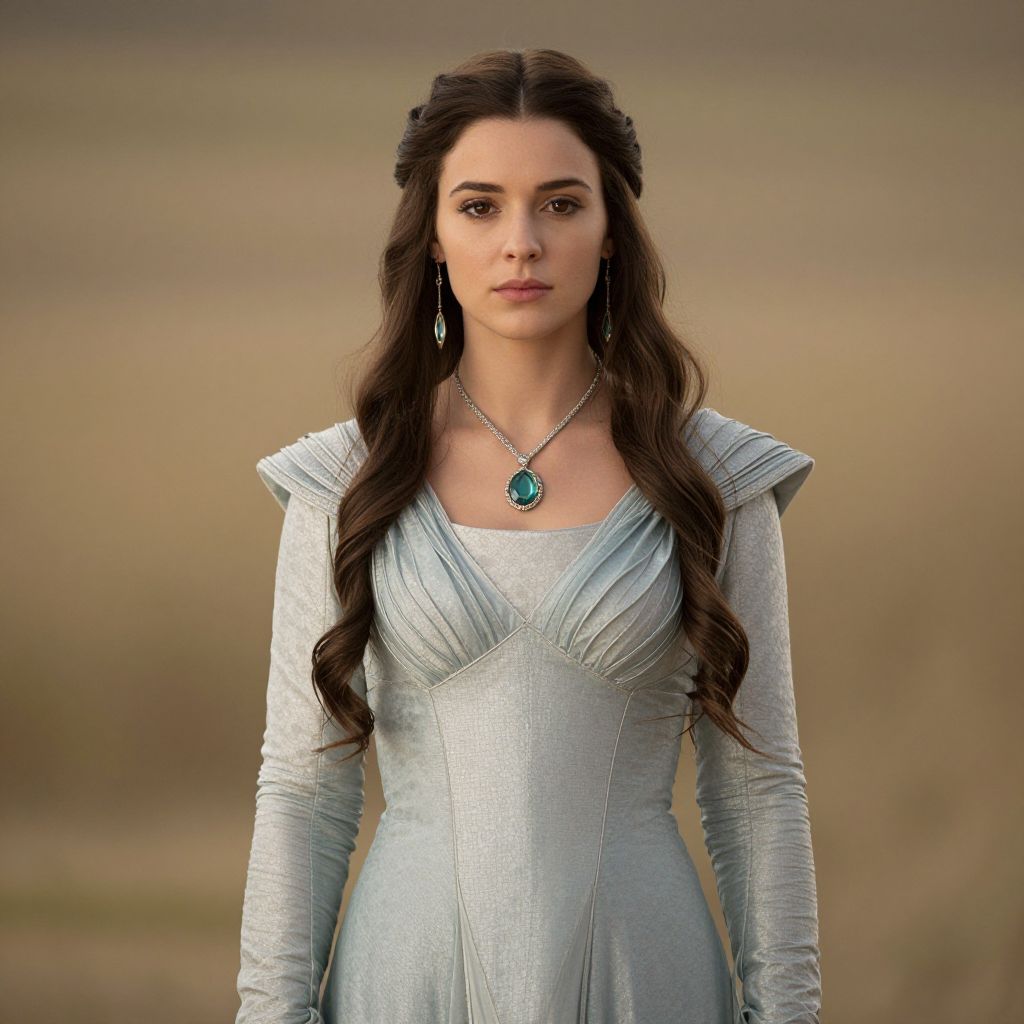 Young Woman in Medieval Silver Gray Dress with Teal Jewelry