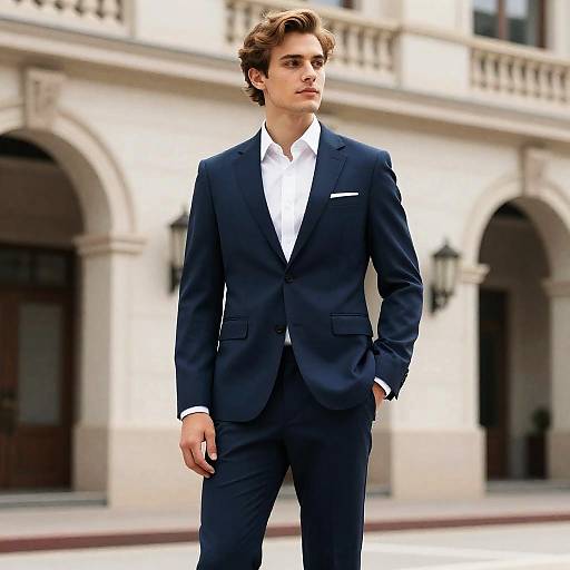 Man in Navy Blue Suit Standing Outside Classic Building