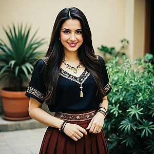 Young Woman in Traditional Black Top and Maroon Skirt