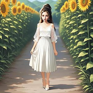 Young Woman in White Dress Among Sunflowers