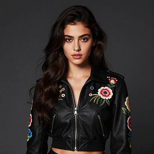 Gen Z Woman Wearing Black Floral Embroidered Leather Jacket