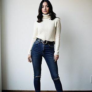 Stylish Woman in Ribbed Turtleneck Sweater and Ripped Jeans Fashion Portrait