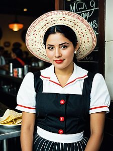 Mexican Waitress Costume Featuring Traditional Outfit and Straw Hat