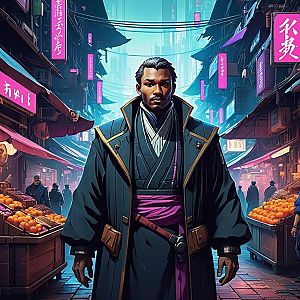 Futuristic Man in Neon Market