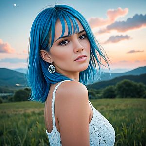 Young Woman with Blue Hair in Lace Dress at Sunset