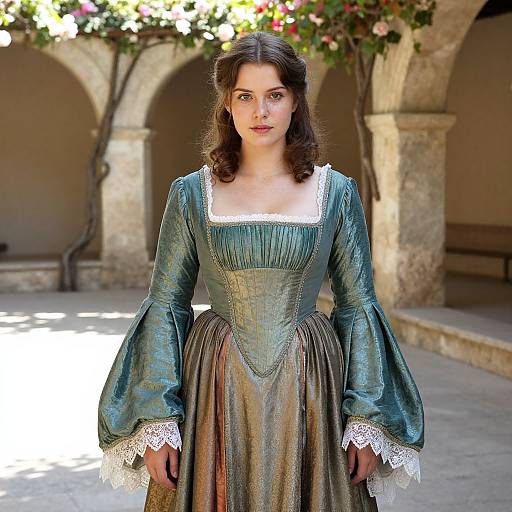 Renaissance Style Woman in Elegant Historical Dress in Courtyard