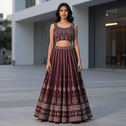 Woman Wearing Maroon Embroidered Traditional Lehenga in Outdoor Modern Setting