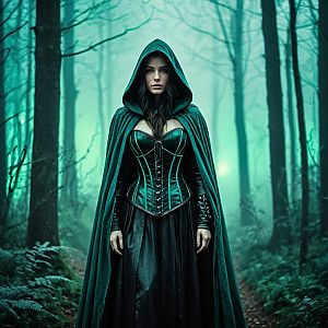 Mysterious Woman in Green Hooded Cloak Standing in Foggy Forest