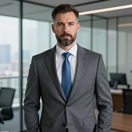 Professional Businessman in Grey Suit and Blue Tie in Modern Office